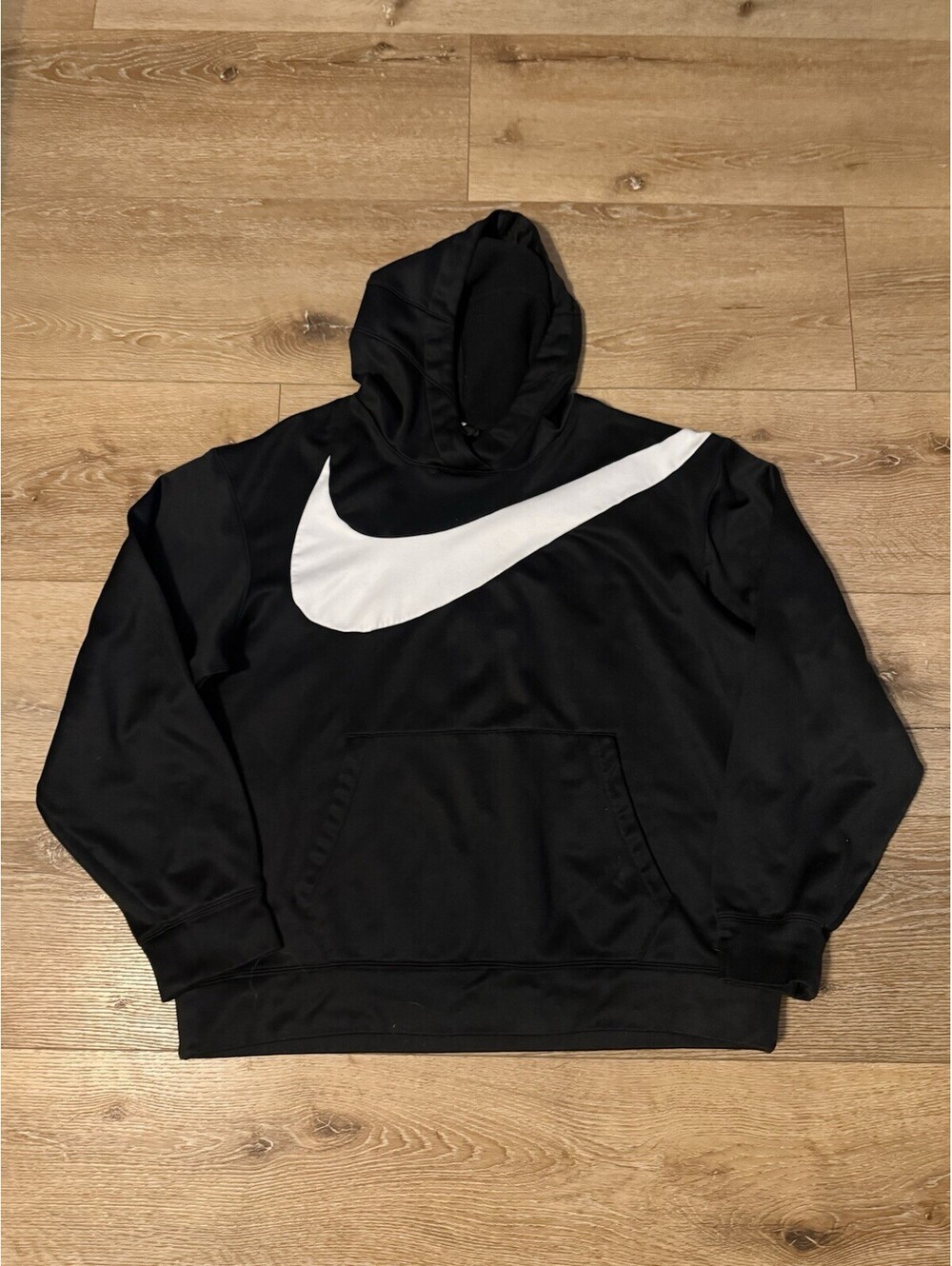 Nike Mens Black Pullover Hooded Sweatshirt Giant Swoosh Size Large Dri-Fit